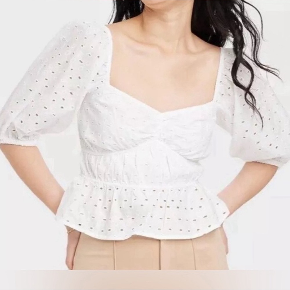 Puff elbow sleeve eyelet top
